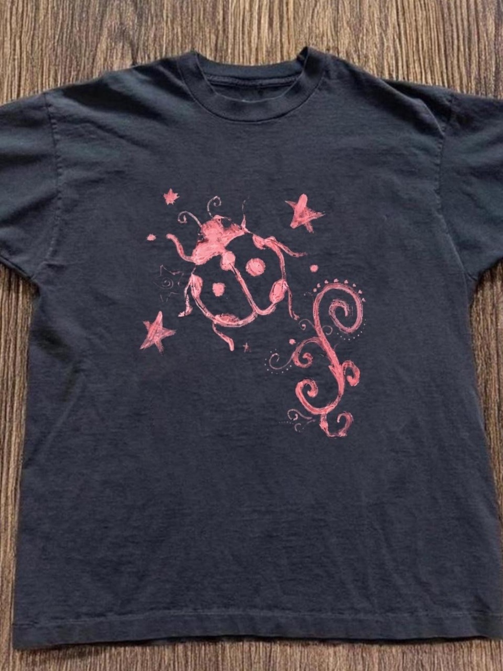 Gildan Black Tee with Pink Ladybug & Stars Graphic